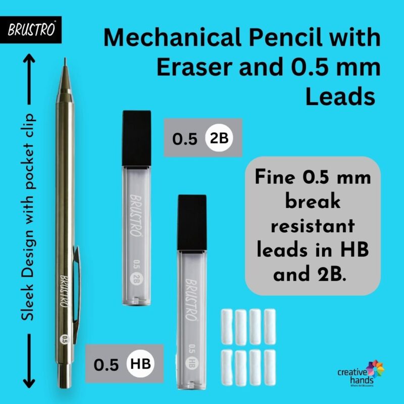 BRUSTRO Mechanical Pencil Set | HB-20 leads, 2B-20 leads, Spare eraser- 8 units|Tip size- 0.5 mm |Ideal for Students,Adults, Home,School,Office,Stationery Use |Writing, Sketching, Drawing, Mandala Art