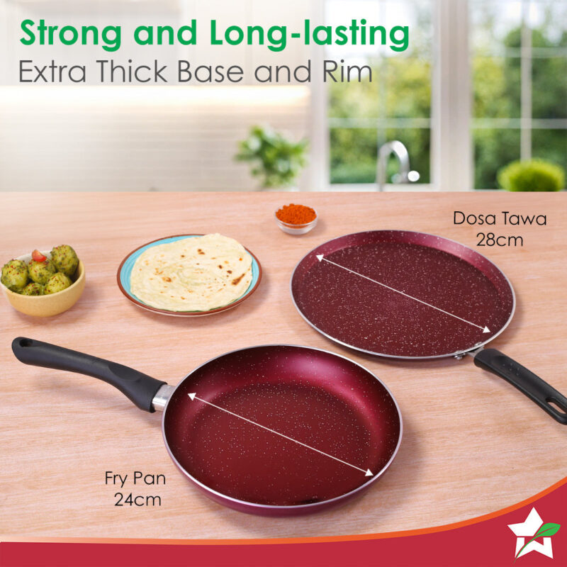 Bandhan Non-Stick Cookware 2 Pcs. Set | Dosa Tawa and Fry Pan | 100% PFOA Free Coating | Pure Grade Virgin Aluminium | Compatible with Multiple Cooktops | Red and Purple | 2 Year Warranty - Image 2