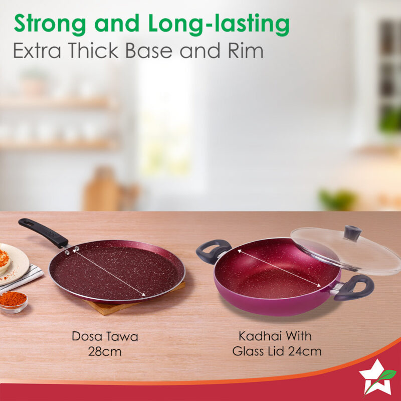 Bandhan Non-stick Cookware 3 Pcs.Set | Dosa Tawa,Kadhai and Lid | 100% PFOA free Coating | Pure Grade Virgin Aluminium | Compatible with Multiple Cooktops | Red and Purple | 2 Year Warranty - Image 2