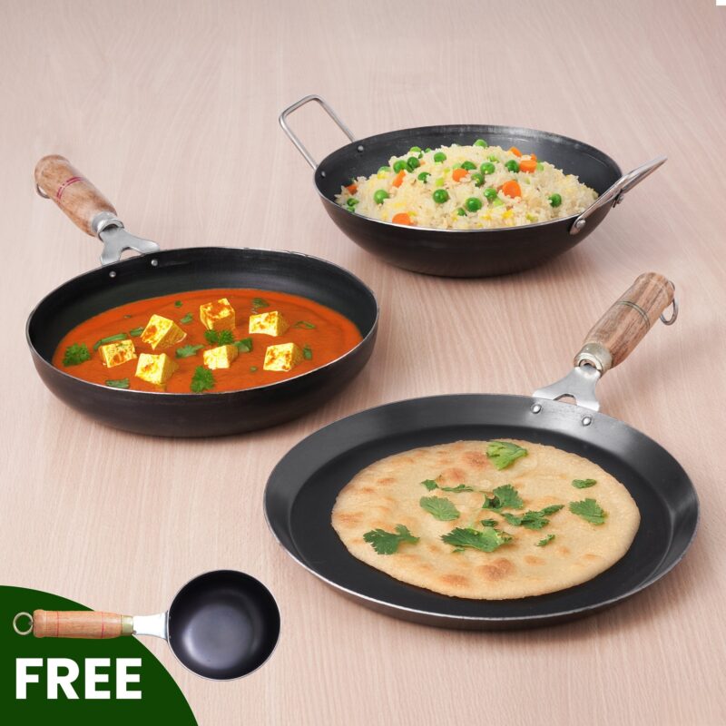 100% Pure Iron Cookware Set: Kadai+ Tawa+ Fry Pan, Toxin-free Sheet Iron, Pre-seasoned, Induction & Gas, Kitchen Set for Home, Free ₹400 Tadka Pan - Image 25