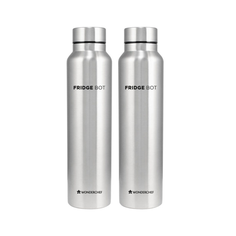 Stainless Steel Fridge-bot 1000 ml Each | Pack of 2 | Gift Box Packing | Single wall | Non-insulated | 304 Stainless Steel | Non Toxic | BPA free | Rust Free | Spill and Leak proof | Light weight | For Home & Office | Wide Mouth | 2 Years Warranty
