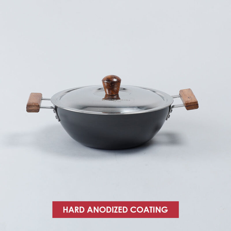 Ebony Hard Anodized 24 cm Wok with Lid 2.7 L | Ideal for Biryani, Pulao | Black - Image 6