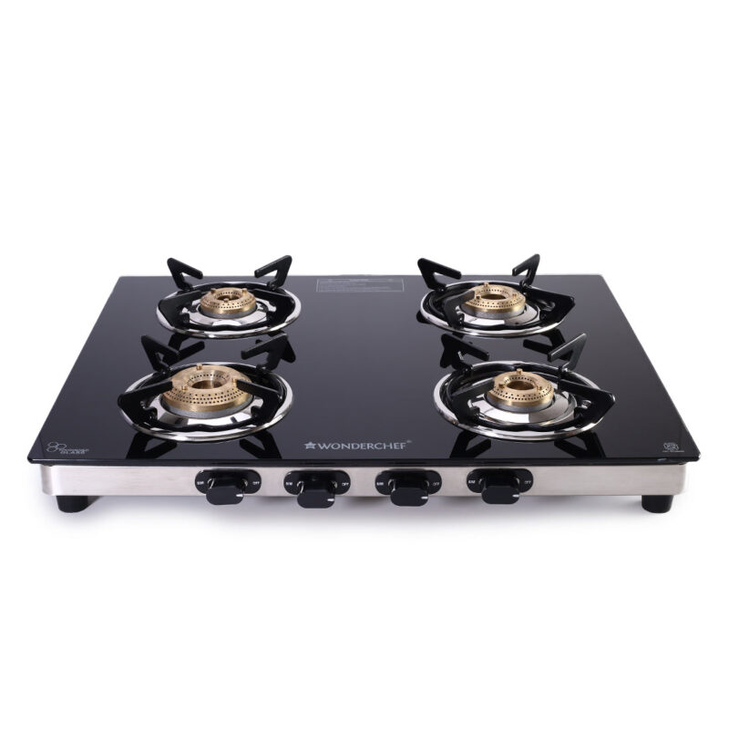 Duralife Slim Glass Cooktop 4 Burner | Heavy Duty Pan Support | Dual Locking System | Easy Grip Sleek Knobs | Brass Burner | Round Stainless Steel Drip Tray | 2 Years Warranty on Glass and Product - Image 7