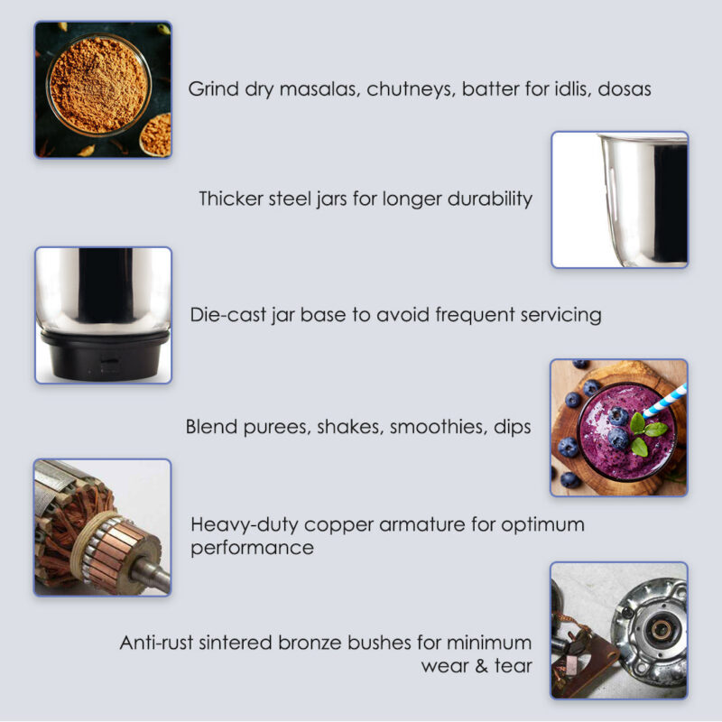 Wonderchef Vietri Mixer Grinder 500W With 3 Stainless Steel Jars (White & Blue) - Image 11