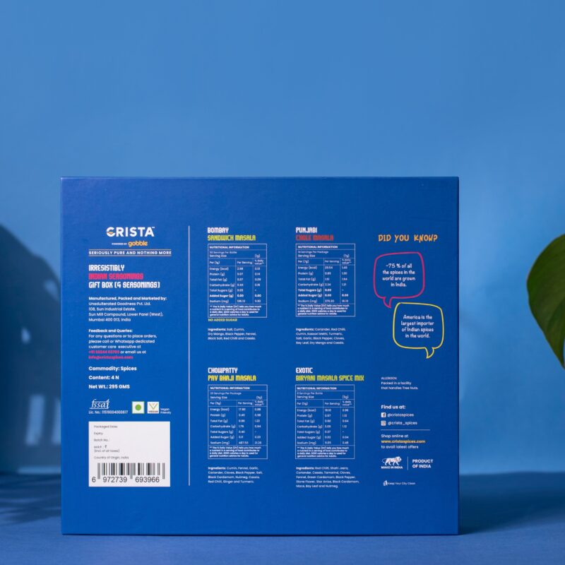 CRISTA Irresistibly Indian Seasonings Gift Box| Box of 4| Festive Gift| Pure Spice Gifting: 295 gms