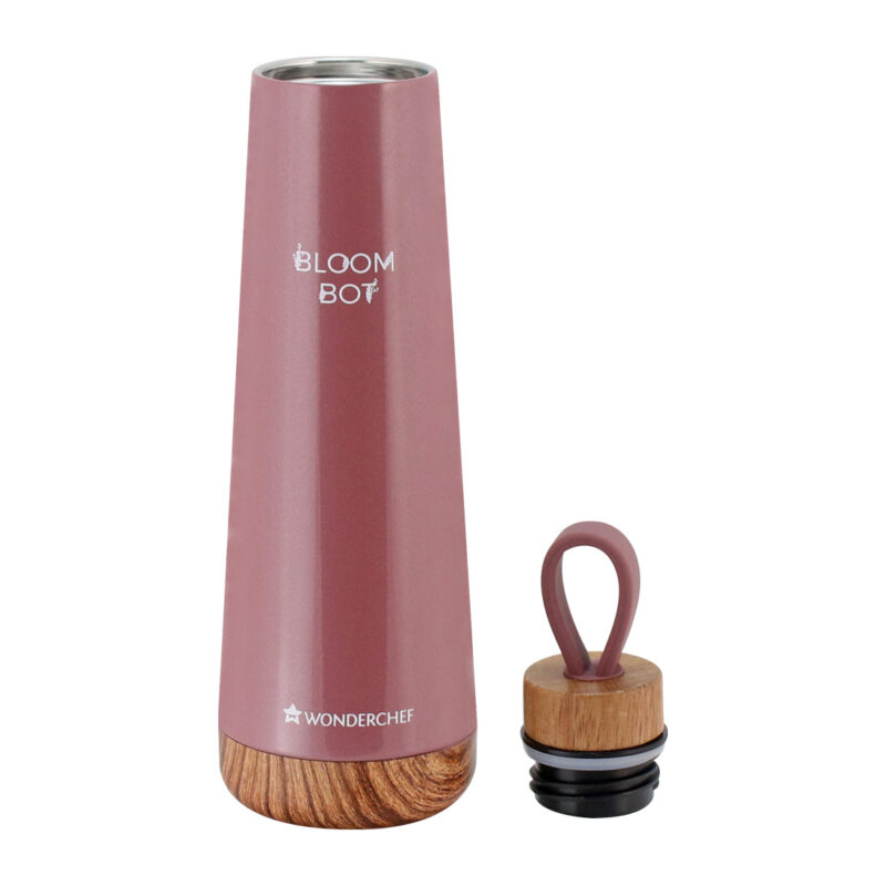 Bloom-Bot, 500ml, Stainless Steel Double wall Water Bottle, Spill & Leak-proof , Wooden Base, Rose Pearl, 2 Years Warranty - Image 2