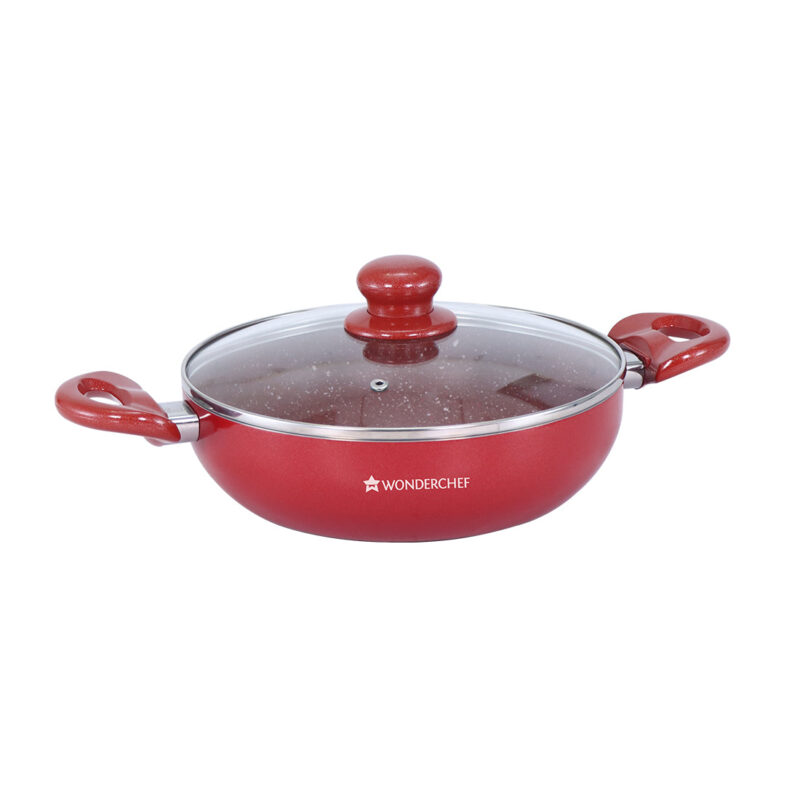 Ruby Plus Cookware Set, 4pc (Dosa Tawa, Fry Pan, Kadhai with Lid), Induction Friendly, Virgin Aluminum, PFOA/Heavy metal free, 2 Years Warranty, Dark Red