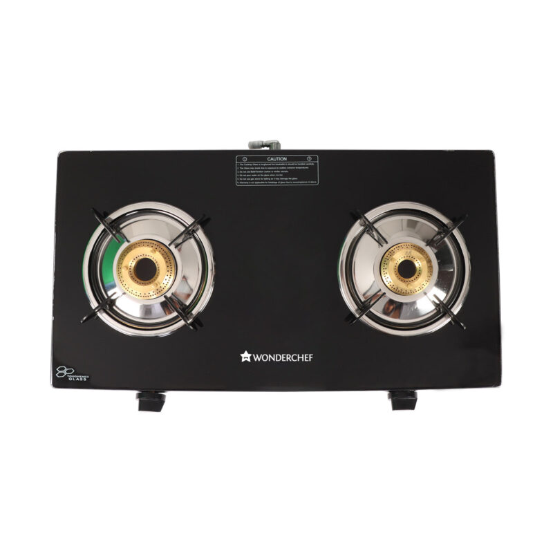 Glory 2 Burner Glass Cooktop, Stainless Steel Drip Tray, Black Toughened Glass with 2 Year Warranty, Manual Ignition Gas Stove