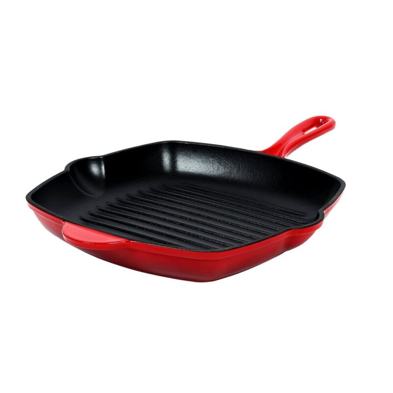 Ferro Cast-iron 26 cm Grill Pan, Induction Friendly, Enamel Coating, 2.3 L, 5 Years Warranty, Red