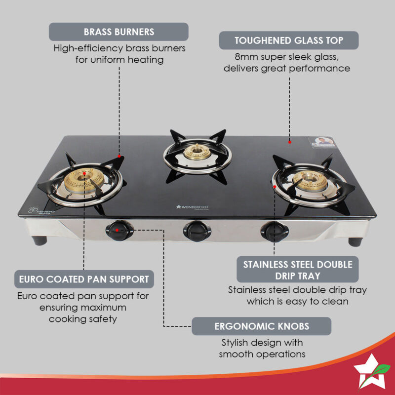 Energy 3 Burner Glass Cooktop, Black 8mm Toughened Glass with 1 Year Warranty, Soft Touch Knobs, Efficient Brass Burners, Stainless Steel Double Drip Tray