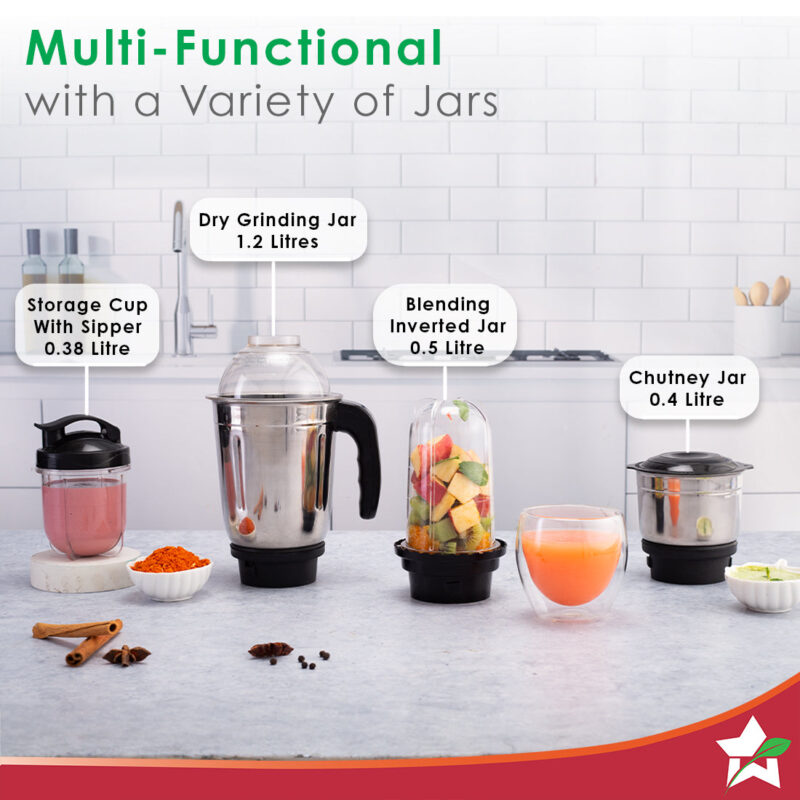 Acura Blender Pro Mixer Grinder 500W, 230V~50Hz, 4 Jars( 2 Stainless Steel + 2 Polycarbonate Jars), Black & Blue, 5 Years Warranty - Image 2