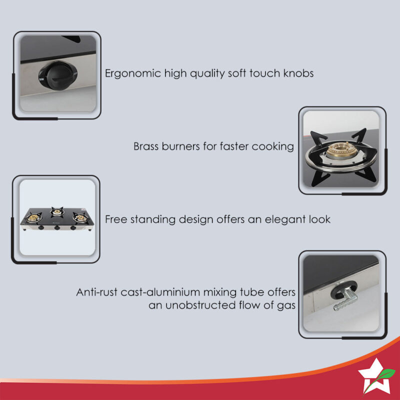 Energy 3 Burner Glass Cooktop, Black 8mm Toughened Glass with 1 Year Warranty, Soft Touch Knobs, Efficient Brass Burners, Stainless Steel Double Drip Tray - Image 2