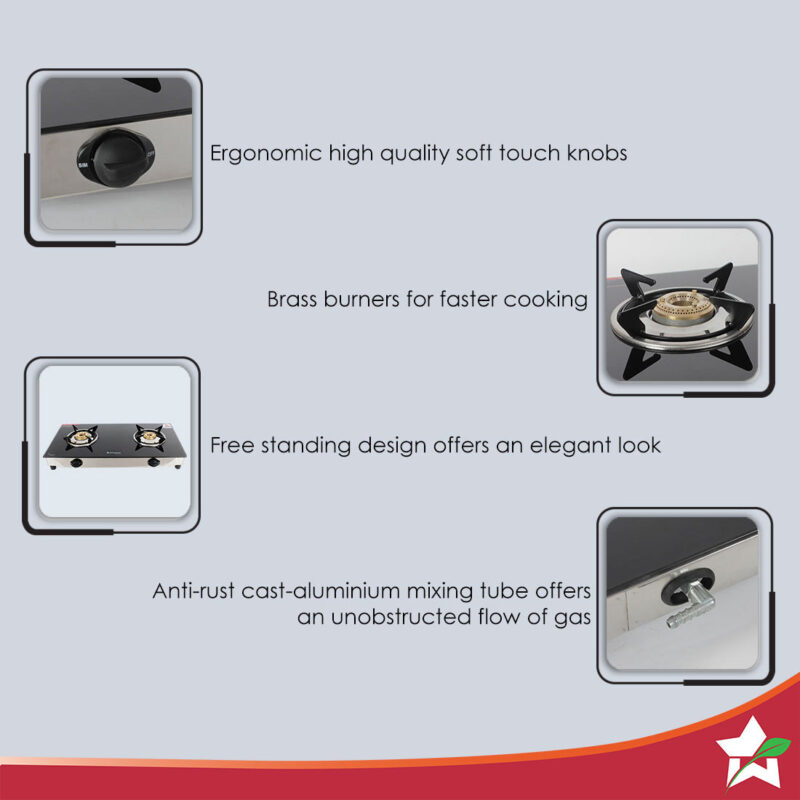 Energy 2 Burner Glass Cooktop, Black 8mm Toughened Glass with 1 Year Warranty, Soft Touch Knobs, Efficient Brass Burners, Stainless Steel Double Drip Tray - Image 2