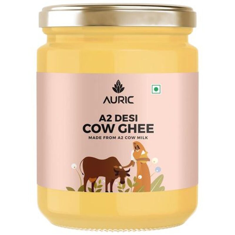 Auric A2 Desi Cow Ghee - Vedic Bilona Method, Traditional Curd Churned, 500 ml Glass Jar