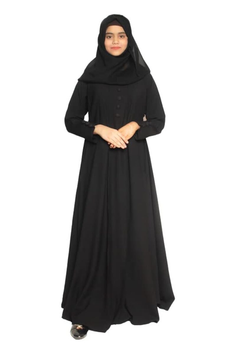 MODEST CITY Self Design Plain Black Front 4 Button Abaya or Burqa With Hijab for Women &Girls-(FREE)