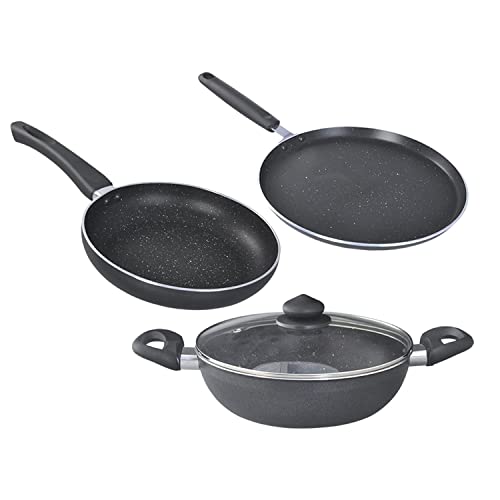 Prestige Omega Deluxe Granite Aluminium 3 Pcs Set- Tawa, Fry Pan & Kadai with 1 Glass Lid|Made Using German Technology|Non-Stick|Spatter-Coated Surface|Induction & Gas Compatible Base|Black