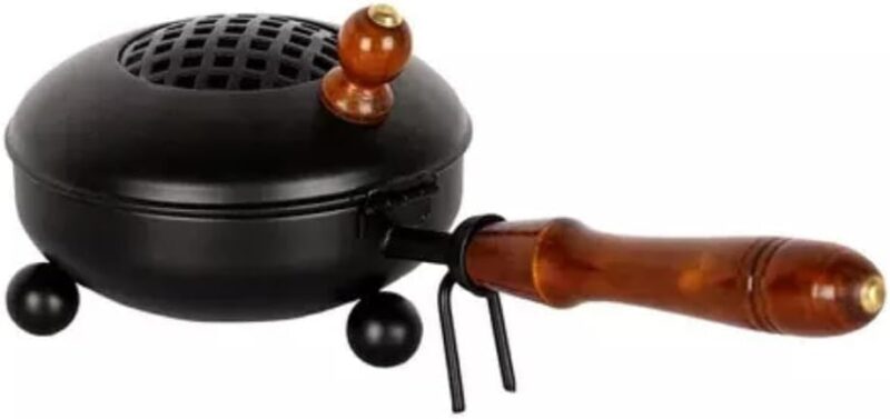Dhoop Dani Dhuni Loban Burner, Charcoal Incense Burner with Wooden Handle for Puja, Home Temple, Home Decor, Office