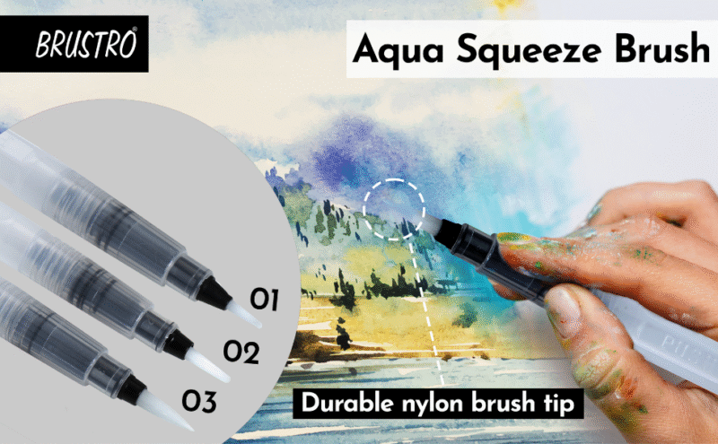 Brustro 3 Flat and Round Aqua Squeeze Leak Proof Watercolour Brush Pen with 9 Sheets Paper Cotton CP 300 GSM, 5x7-inch (Assorted) - Set of 6 - Image 7