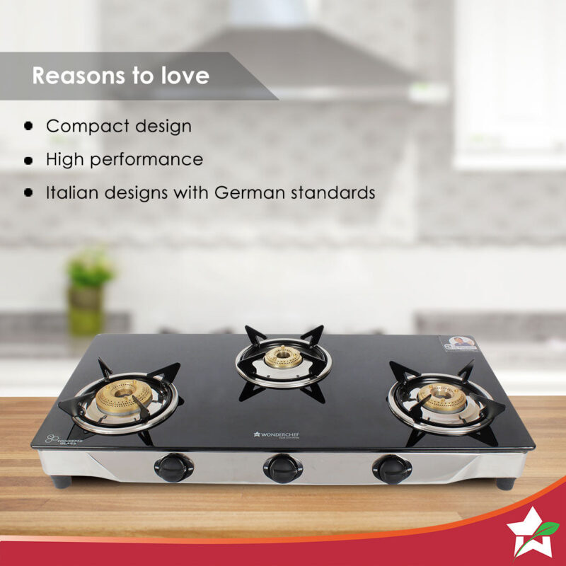 Energy 3 Burner Glass Cooktop, Black 8mm Toughened Glass with 1 Year Warranty, Soft Touch Knobs, Efficient Brass Burners, Stainless Steel Double Drip Tray - Image 3