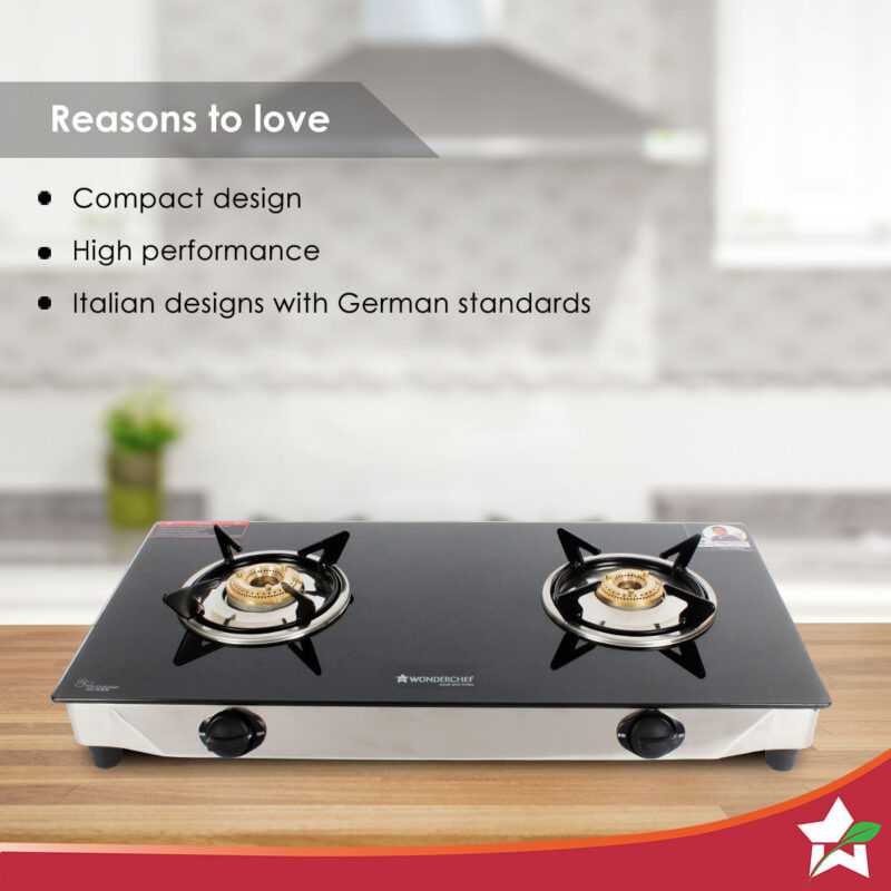 Energy 2 Burner Glass Cooktop, Black 8mm Toughened Glass with 1 Year Warranty, Soft Touch Knobs, Efficient Brass Burners, Stainless Steel Double Drip Tray - Image 3