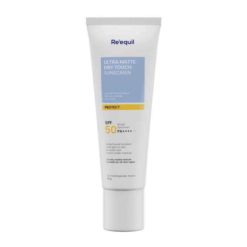RE' EQUIL Ultra Matte Dry Touch Sunscreen | Matte Finish Sunscreen For All Skin Types | Water & Sweat Resistant With Spf 50 Pa++++ | No White Cast, Non-Greasy & Non-Comedogenic Sunscreen | 50G