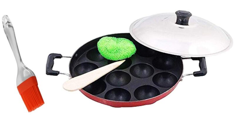 KD ZONE Aluminum Non Stick Appachatty Paniyarakkal with Lid/Appam Pan/kadai/Ponganal Maker/idali Maker/Non Stick/with Lid and Oil Brush(Red)