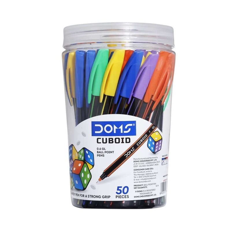 Doms Cuboid 0.6 mm Ball Pen Jar Pack | Square Shaped For Strong & Better Grip | Lightweight & Colorful Body Design | Soft Tip For Flawless & Smooth Writing | Blue Ink, Pack Of 50 Pens