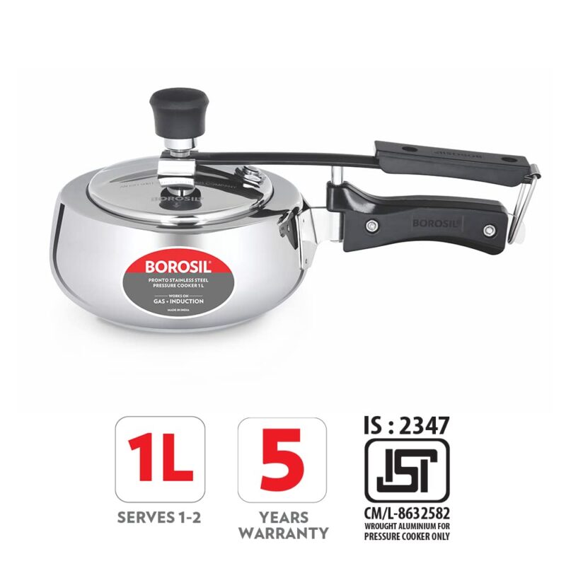 Borosil Pronto 1 L Inner Lid Stainless Steel Pressure Cooker | 6.8 mm Thick Base, Even Heat Distribution | Gas & Induction Campatible | 5 Years Warranty - Image 7