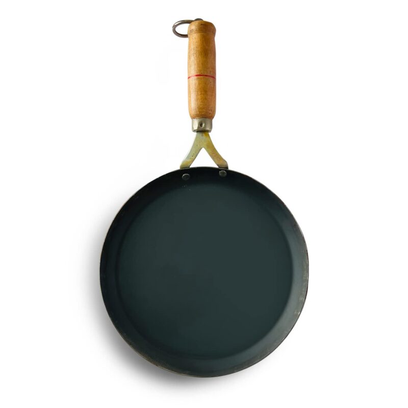 Kichera Pure Iron Fish Fry Pan with Wooden Handle |Omlette Pan 23.5cm/10 inch, 0.8kg | Gas Stove and Induction Friendly | Pre-Seasoned Black Flat Sheet Metal Iron Tawa