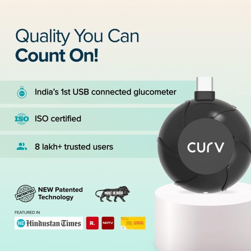 BeatO CURV Sugar Test Machine | FREE 25 Strips & 25 Lancets (Type-C USB Connector) | Simple & accurate testing of Blood sugar levels at home |Smartphone Connected Glucometer Machine | Android only | ISO Certified: Made in India - Image 4