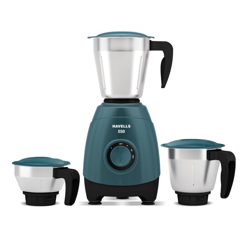 Havells ESO 750 Watts 3 Jar Mixer Grinder | Rust Resistant 304SS Blade | High Speed Mixie 21000 RPM motor| Heavy and Wider mouth SS Jars with Handle| 5 Year Motor Manufacturer Warranty (Teal)