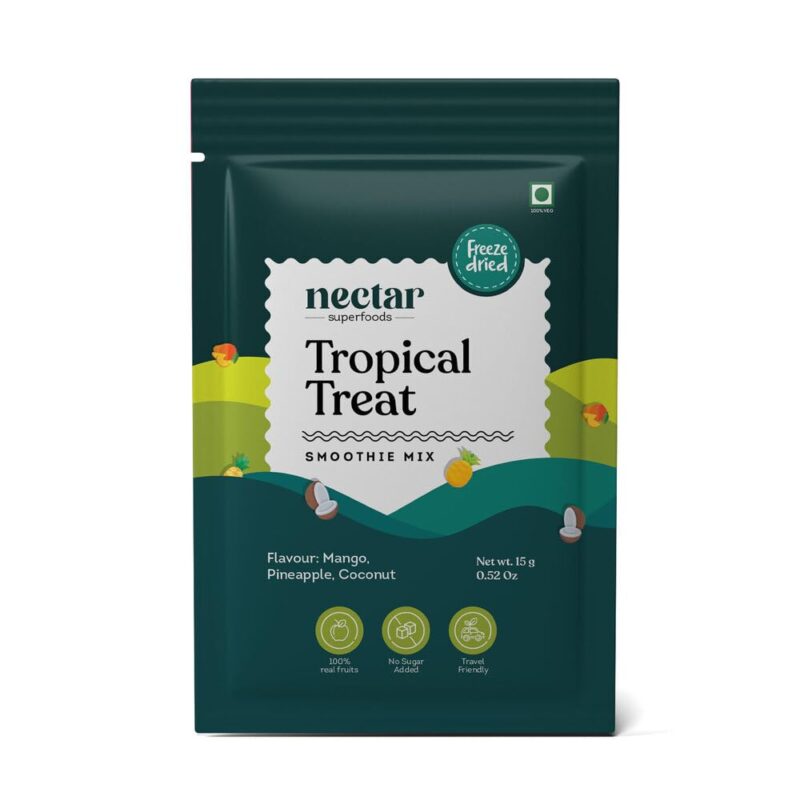 Nectar Superfoods Freeze Dried Tropical Treat Smoothie Powder - Added 100% Natural Fruits , Mango, Pineapple & Coconut, Healthy Ingredients for Nutritious Smoothies, Vegan & Convenient - 15g Sachet Pack