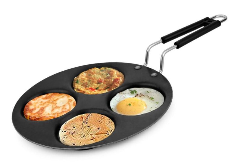 amicus Iron Uttapam Pan Multi Tawa 27 cm, 4 Cavity, Mini Crepe Pan for Snack, Pan Cake, Egg Omelette Maker Tawa,1.1 Kg, Black