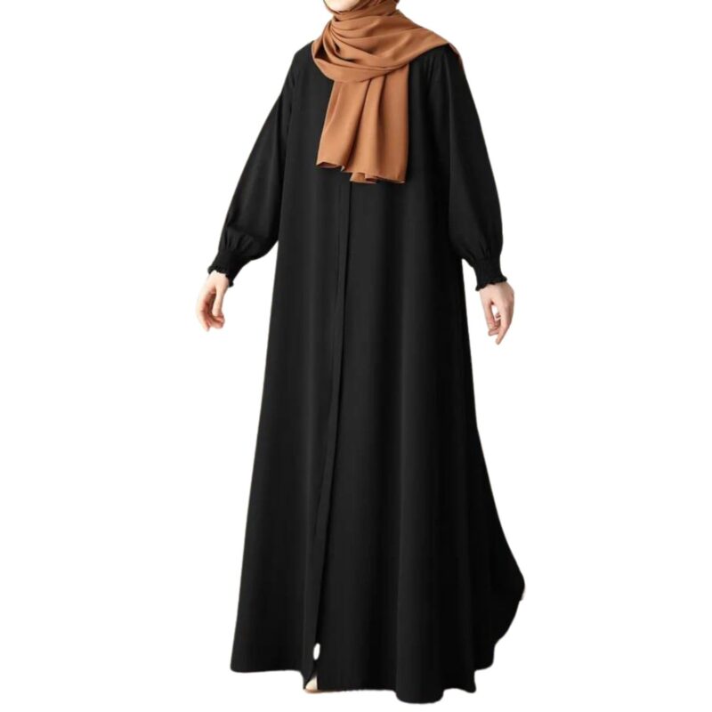 Bashariya Front Open Zipper Abaya n Firdaus Fabric |Smocking Sleeves |Fabric Belt| and Complimentary Hijab (XXL, Black) - Image 7
