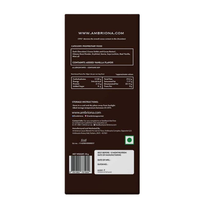 AMBRIONA Daarzel Dark Chocolate Sugar Free 70% Cocoa With Mint Bar Gluten Free Vegan 100% Natural|Sweeten With Stevia|Diabetes Friendly| Daarzel Zero Sugar|50 Gm| Sugarfree - Image 8