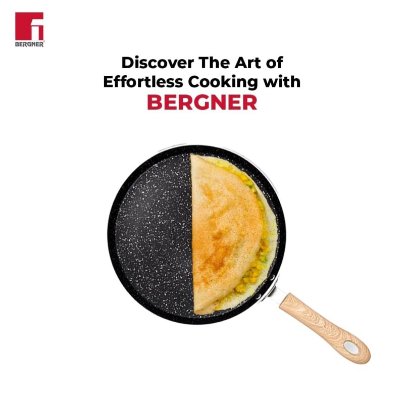 Bergner Bellini Plus Aura 5-Layer Non-Stick 28 cm Dosa Tawa, Soft Touch Wooden Finish Handle, Food Safe, PFOA Free, Even Heat Distribution, 4mm Thickness, Induction Bottom, 1-Year Warranty - Black - Image 6
