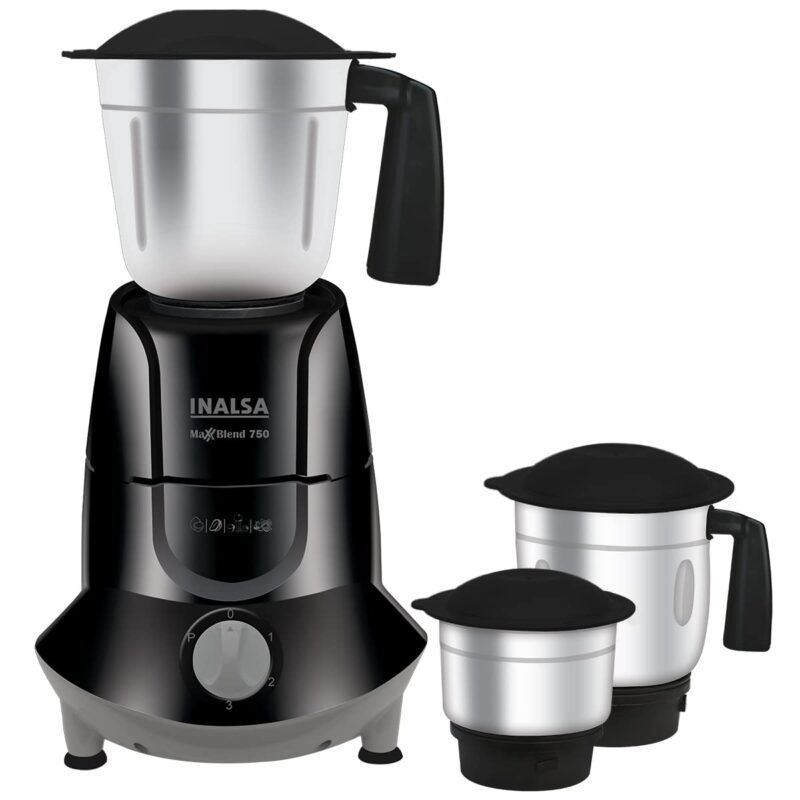 INALSA Mixer Grinder 750Watt- MaxxBlend 750 with 3 Stainless Steel Jars (For Dry Grinding, Wet Grinding, Chutneys, (Black/Grey)