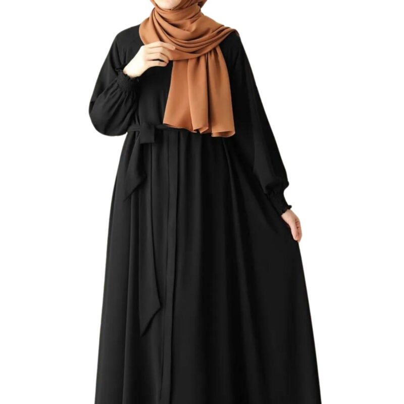 Bashariya Front Open Zipper Abaya n Firdaus Fabric |Smocking Sleeves |Fabric Belt| and Complimentary Hijab (XXL, Black) - Image 6