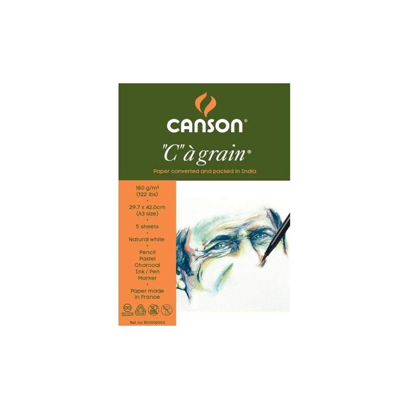 Canson C à Grain Drawing 180 GSM Fine Grain A3 Paper Sheets (Natural White, 5 Sheets x Pack of 2) (CN200021110P2)