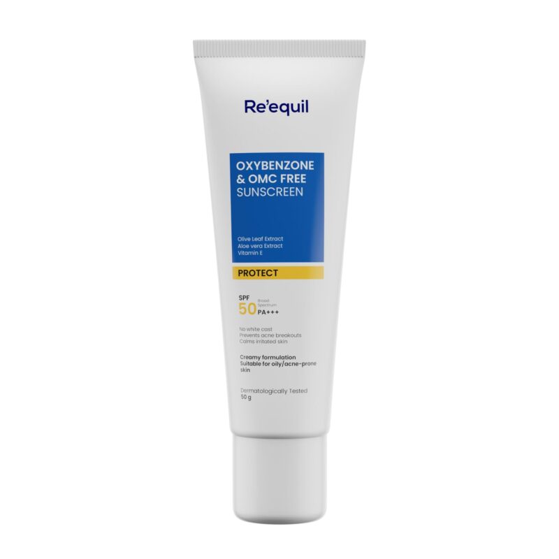 RE' EQUIL Oxybenzone and OMC Free Sunscreen For Oily, Sensitive & Acne Prone Skin | Prevents Acne Breakouts | No White Cast | SPF 50 PA+++ | 50g