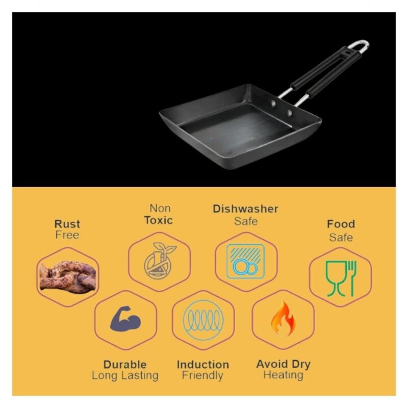 Being One Japanese Omelette Pan| Small Pan For Omelette| Square Frying Pan Mini Frying Pan Iron Omelette Pan With Steel Handle | Egg Pan| Coating Free Cookware | - 1 Count, Black - Image 2