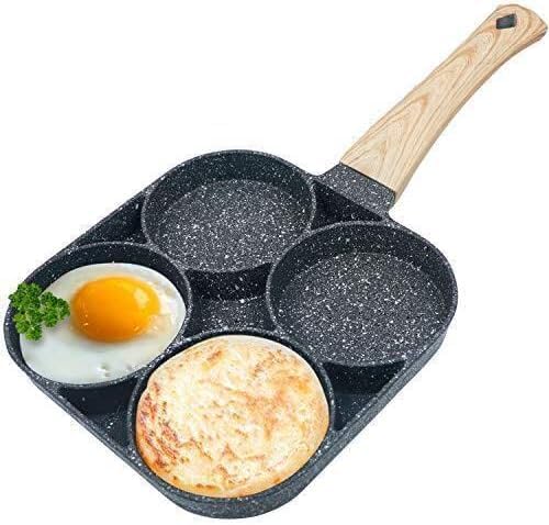 Dream Corporate World 4 Cups Egg Pan Omelette Pan Frying Pan Egg Frying Pan 4 Cup Crepe Pan Granite Egg Cooker Breakfast Pancakes Pan Suitable for Gas Stove & Induction Cookware (Wood Grain Handle)