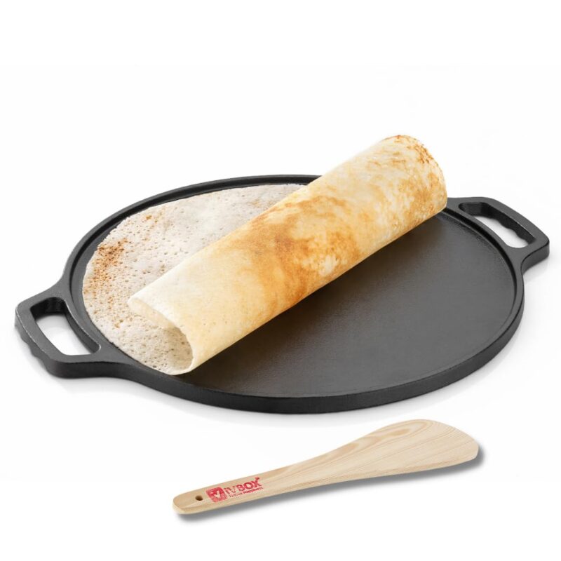 ivbox Vintage-DH 30cm Cast Iron Flat Tawa/Tava for Dosa/Roti/Chapati/Naan, Pre-Seasoned Cast Iron Cookware(Gas and Induction Compatible), 300mm, Black