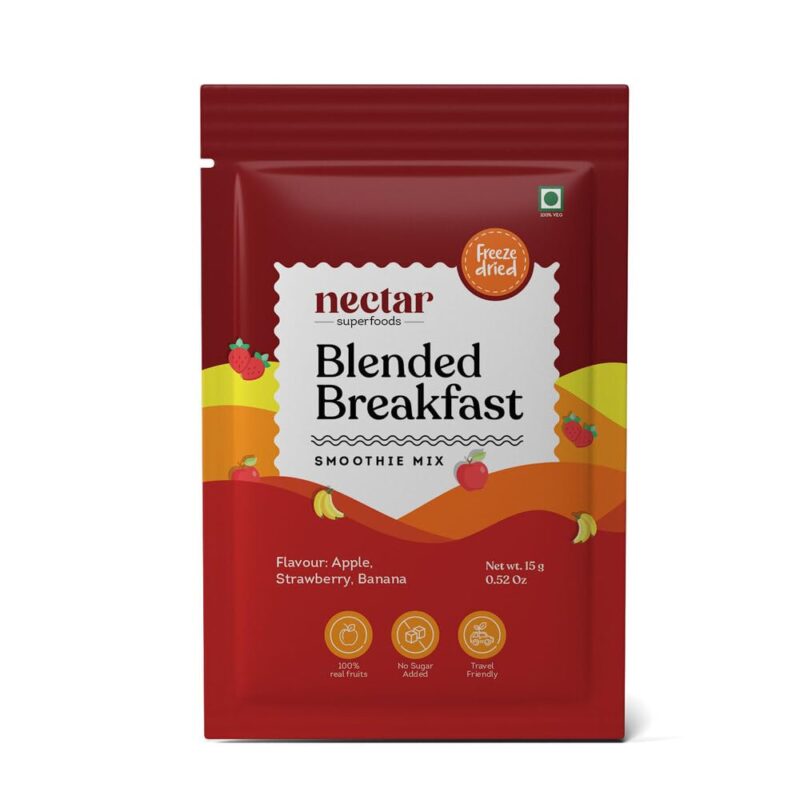 Nectar Superfoods BLENDED BREAKFAST Smoothie Powder - Added 100% Natural Fruit, Strawberry, Apple, Banana Original Fruit Test, Healthy Ingredients for Nutritious Smoothies, Vegan and Convenient - (15gm Sachet Pack)