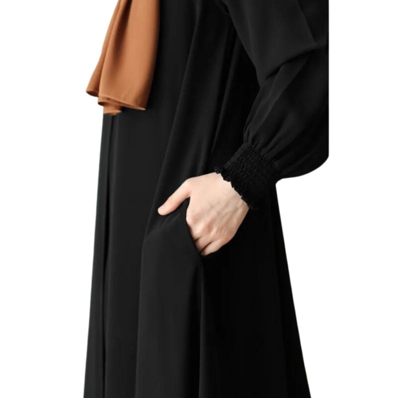 Bashariya Front Open Zipper Abaya n Firdaus Fabric |Smocking Sleeves |Fabric Belt| and Complimentary Hijab (XXL, Black) - Image 3