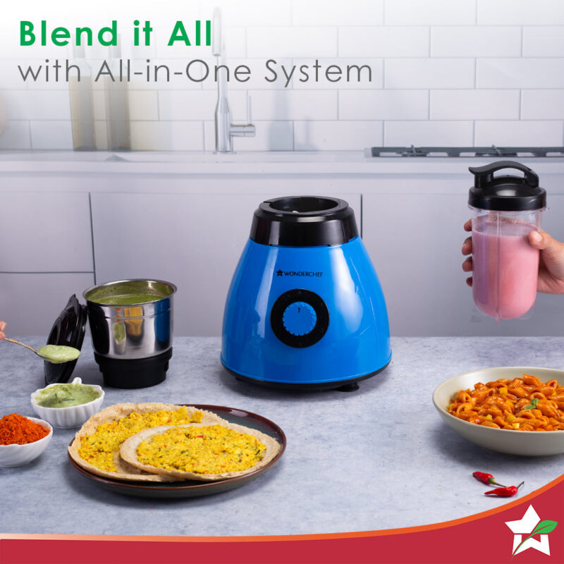 Acura Blender Pro Mixer Grinder 500W, 230V~50Hz, 4 Jars( 2 Stainless Steel + 2 Polycarbonate Jars), Black & Blue, 5 Years Warranty - Image 3