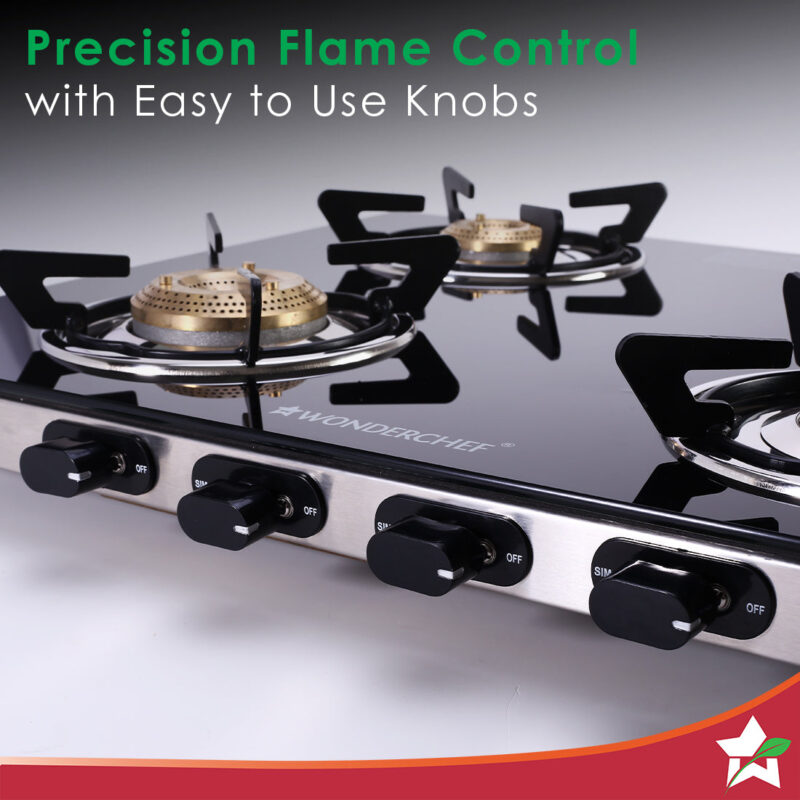 Duralife Slim Glass Cooktop 4 Burner | Heavy Duty Pan Support | Dual Locking System | Easy Grip Sleek Knobs | Brass Burner | Round Stainless Steel Drip Tray | 2 Years Warranty on Glass and Product - Image 4