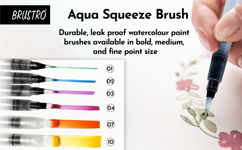 Brustro 3 Flat and Round Aqua Squeeze Leak Proof Watercolour Brush Pen with 9 Sheets Paper Cotton CP 300 GSM, 5x7-inch (Assorted) - Set of 6
