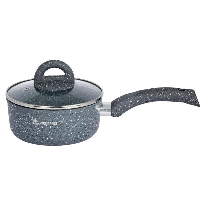 Granite 18 cm Non-Stick Sauce Pan | Induction Bottom | Soft-Touch Handles | Virgin Grade Aluminium | PFOA and Heavy Metals Free | 3.5mm | Non Stick Sauce Pan | 1.8 litres | 2 Years Warranty | Grey