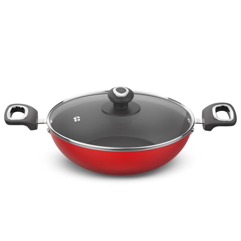 ‎Preethi Dura Collection Non Stick Kadai, 24 cm, with Glass Lid, Gas & Induction Compatible, 5 Star Non Stick Effect, Chilly Red